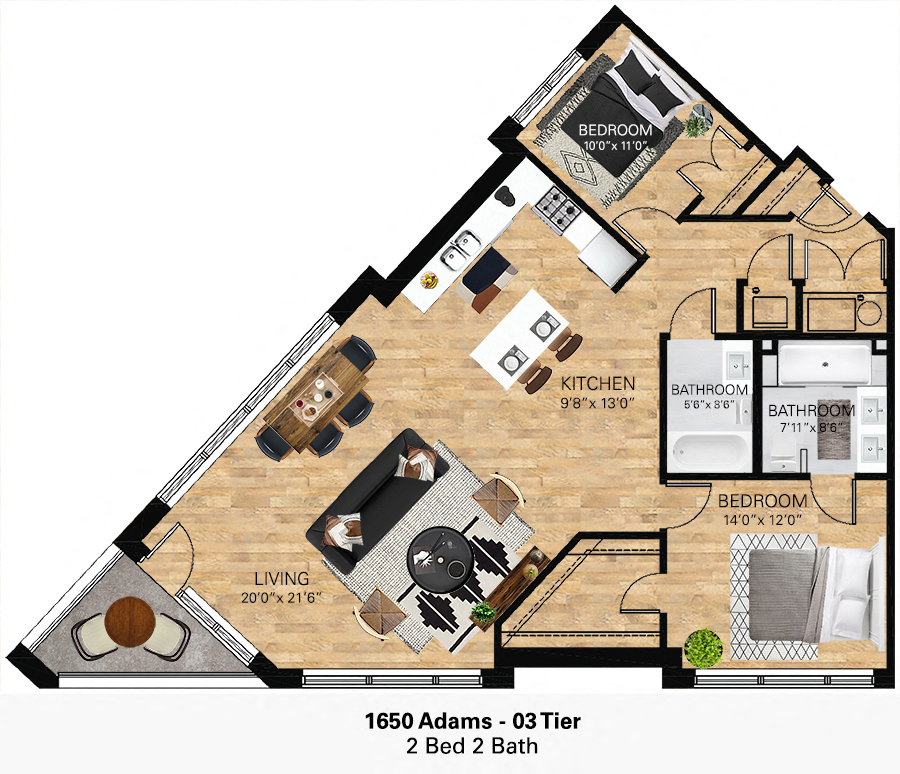 Floor plan for 2 beds, 2 baths, 1140 sqft